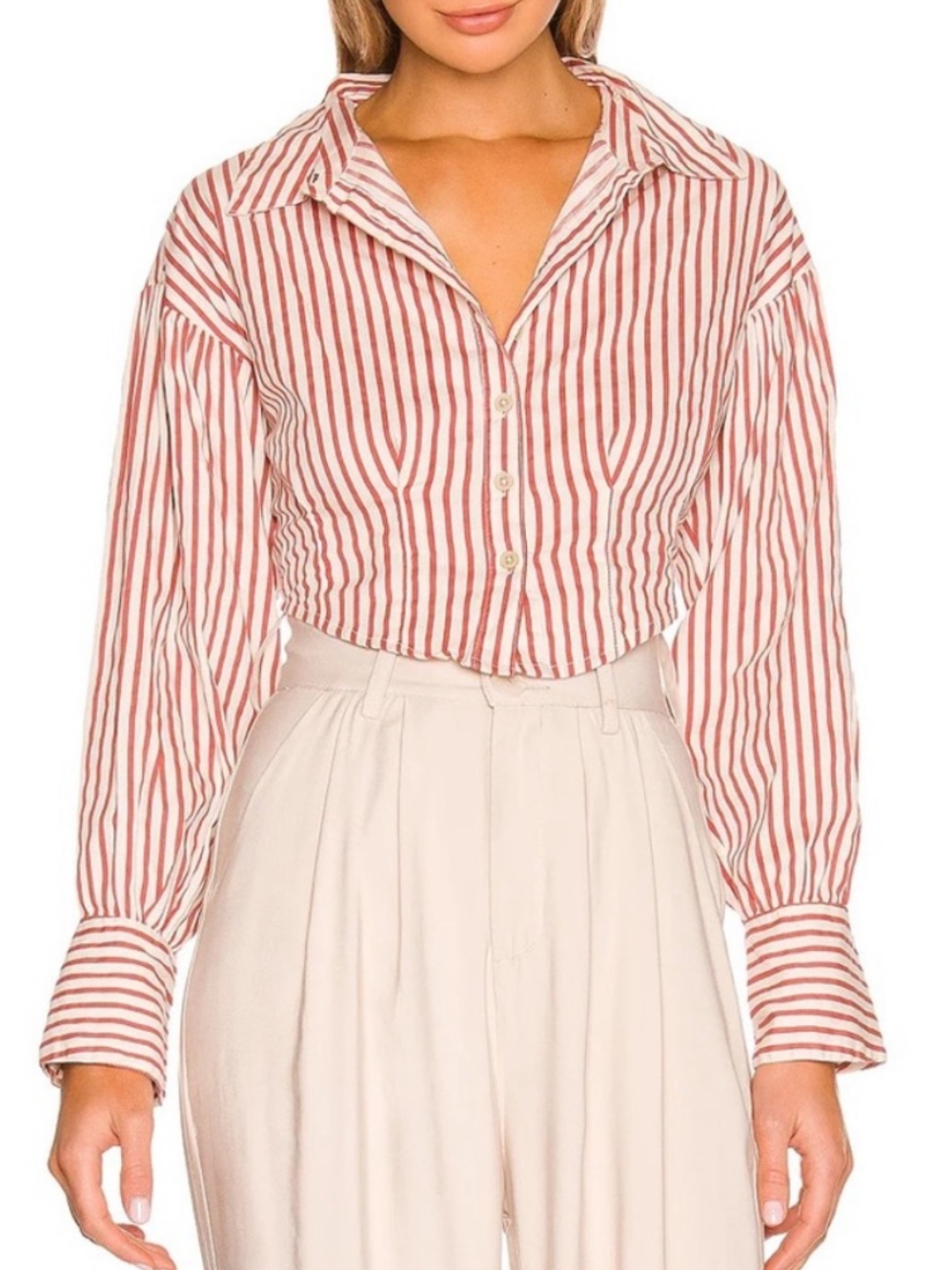 Free People NWT Ophelia Striped Red & White Cropped Corset Button-Up Top